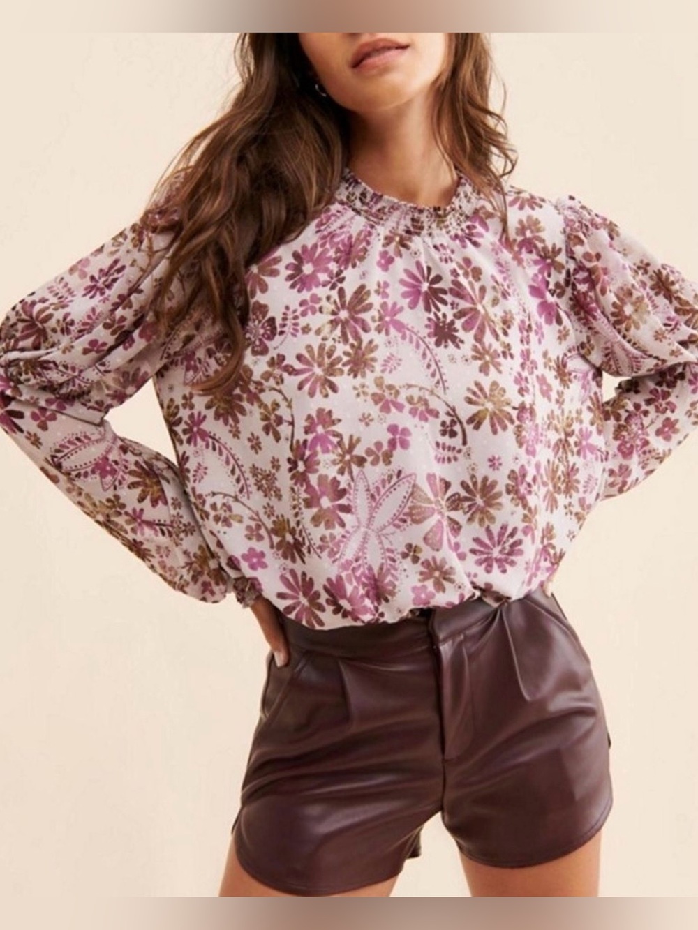 NWT Free People Clarissa Floral Print Smocked Neck Long-Sleeve Blouse